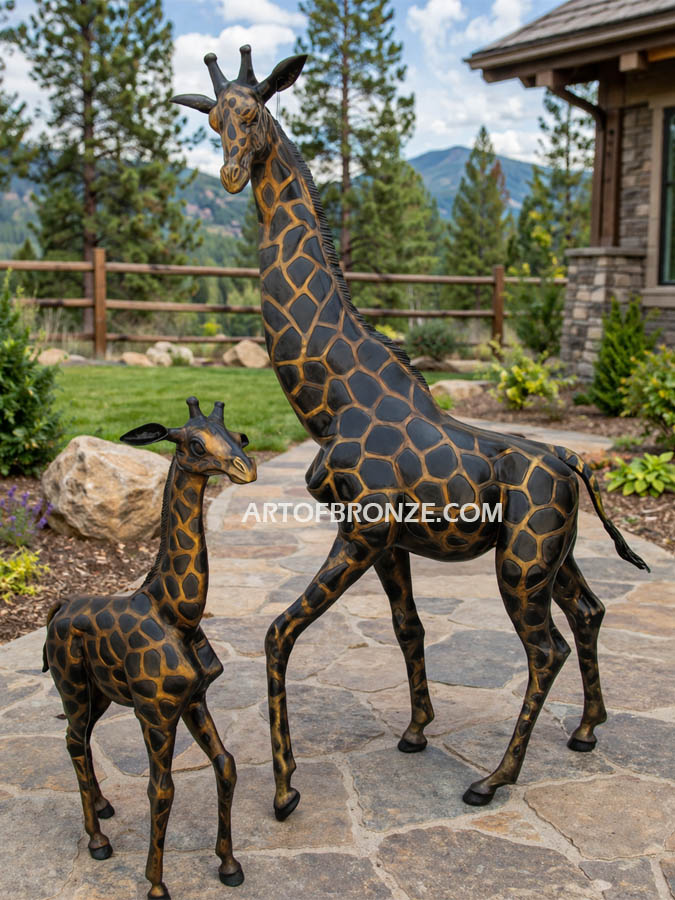Giraffe lost wax high quality bronze cast indoor statue standing mother giraffe and calf