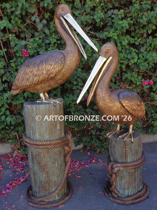 Pelican Pilings bronze sculpture pair of pelicans standing on bronze piling