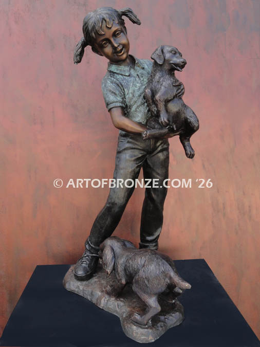Play with me too charming bronze sculpture of girl playing with puppy dogs