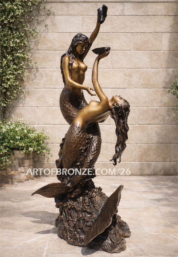 Poseidons Temptation two mermaids holding oyster shell bronze statue fountain