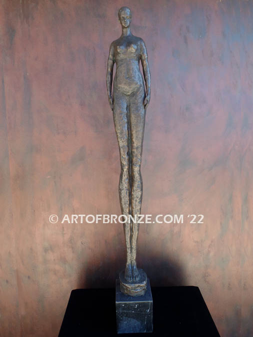 Presence modern bronze sculpture of elongated female figure
