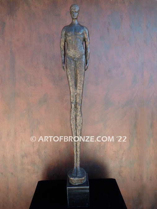 Presence modern bronze sculpture of elongated male figure