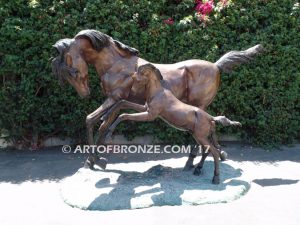 Pride & Joy bronze sculpture of standing mare and running colt horse for ranch, shopping center or equestrian center