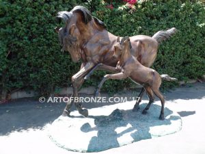 Pride & Joy bronze sculpture of standing mare and running colt horse for ranch, shopping center or equestrian center