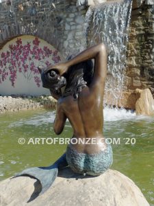 Bronze mermaid fountain sculpture holding sea shell for pond, pool or aquatic display