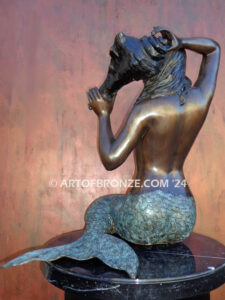 Sitting mermaid holding shell bronze mermaid statue for pond, pool or aquatic display
