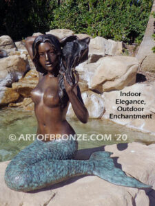 Sitting mermaid holding shell bronze mermaid statue for pond, pool or aquatic display