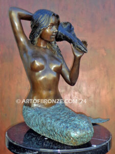 Sitting mermaid holding shell bronze mermaid statue for pond, pool or aquatic display