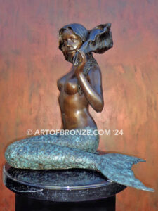 Sitting mermaid holding shell bronze mermaid statue for pond, pool or aquatic display