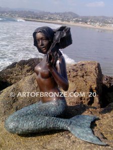 Bronze mermaid fountain sculpture holding sea shell for pond, pool or aquatic display