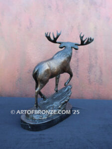 Regal Moose bronze statue artwork of standing moose bellowing