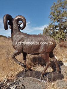 Rocky Mountain King monumental outdoor bronze sculpture big horn sheep ram on bronze rock ledge