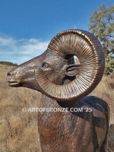 Rocky Mountain King monumental outdoor bronze sculpture big horn sheep ram on bronze rock ledge