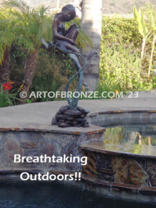 secret garden bronze statue beautiful girl gracefully resting on pampas grass leaf