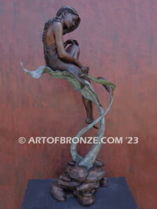 secret garden bronze statue beautiful girl gracefully resting on pampas grass leaf