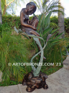secret garden bronze statue beautiful girl gracefully resting on pampas grass leaf
