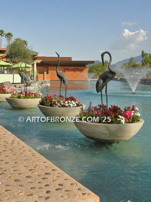 Serene Waters lost wax casting of three custom bronze cranes for fountain