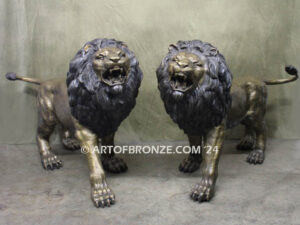 Serengeti Kings high quality cast bronze statue pair of roaring lions