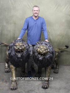 Serengeti Kings high quality cast bronze statue pair of roaring lions