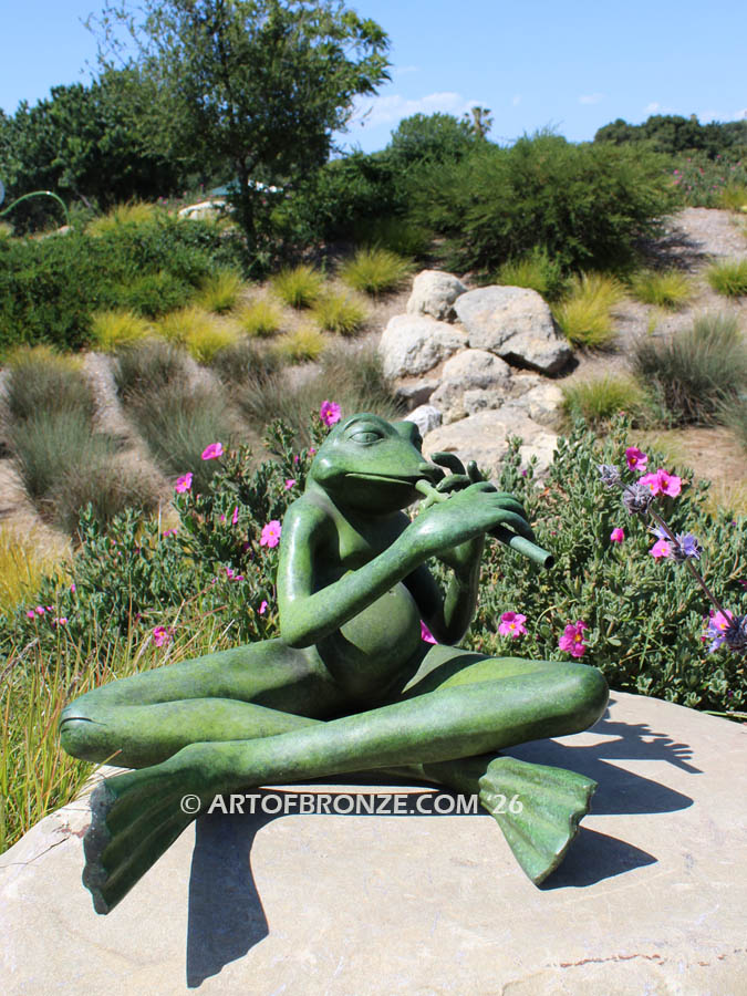 Soothing Melodies sculpture of green frog cast into bronze for outdoor and garden display