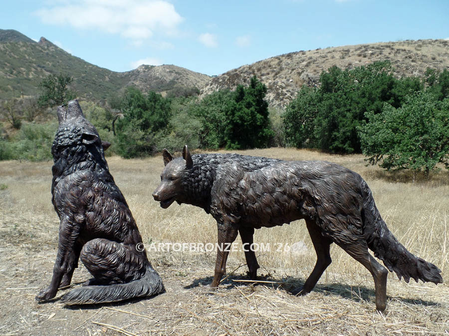 Spirit of the Night bronze wolf statue pair for school mascot, universities, zoo or private home