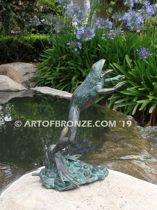 Bronze sculpture of leaping life-size frog for outdoor pond, pool or aquatic display
