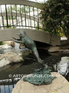 Bronze sculpture of leaping life-size frog for outdoor pond, pool or aquatic display