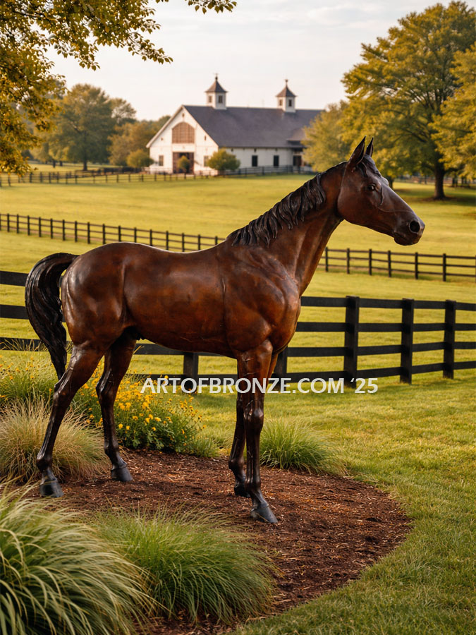 Stevie Wonderboy bronze sculpture of standing racing horse for Griffin Ranch in La Quinta, CA