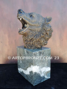 Striking Thunder North American bronze sculpture bust of roaring bear for indoor display