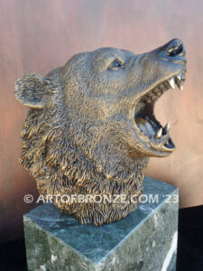 Striking Thunder North American bronze sculpture bust of roaring bear for indoor display