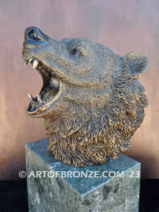 Striking Thunder North American bronze sculpture bust of roaring bear for indoor display