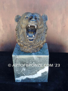 Striking Thunder North American bronze sculpture bust of roaring bear for indoor display