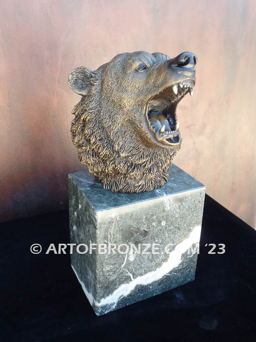 Striking Thunder North American bronze sculpture bust of roaring bear for indoor display