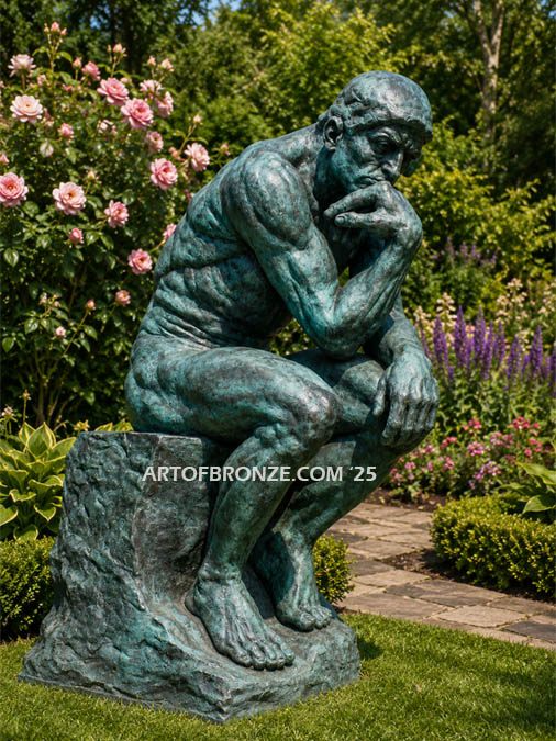 Famous bronze sculpture The Thinker monument nude seated on a rock, chin resting on his hand