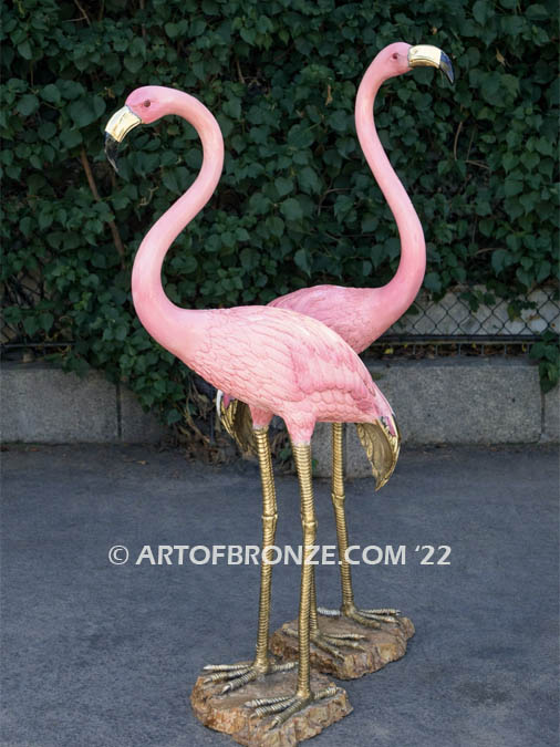Tickled Pink bronze statue of two standing flamingos for pool, pond or home