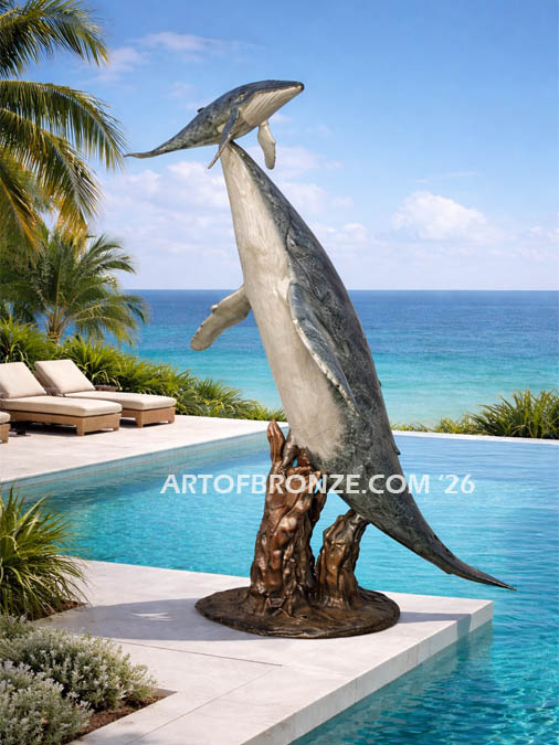 Together marine art bronze sculpture mother & calf humpback whale fountain