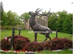 Unyielding Terrain Heroic bronze bull elk standing on rocky base design with head raised in bugling position