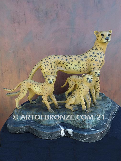 Watchful Eyes bronze cheetah mother and cubs sculpture for gallery, museum or private collector
