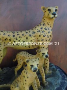 Watchful Eyes bronze cheetah mother and cubs sculpture for gallery, museum or private collector