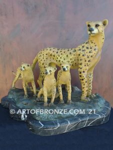 Watchful Eyes bronze cheetah mother and cubs sculpture for gallery, museum or private collector