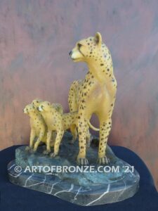 Watchful Eyes bronze cheetah mother and cubs sculpture for gallery, museum or private collector