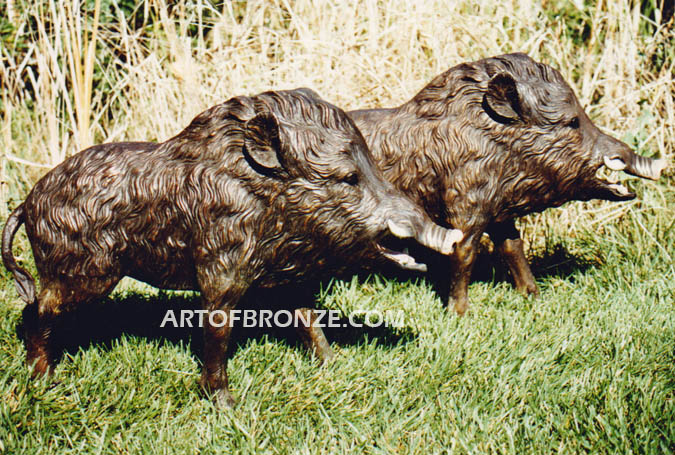 Wild Boars pair standing life-size razorback bronze-sculptures