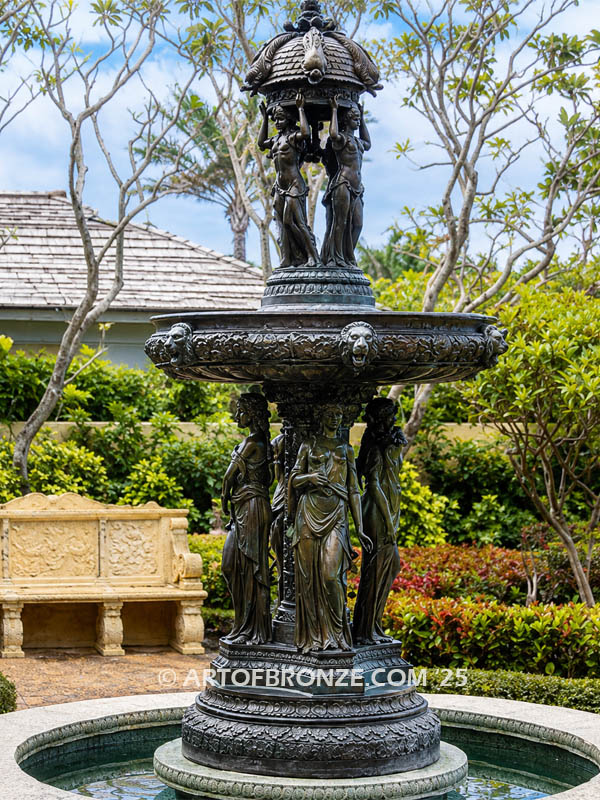 Woman Tiered Fountain estate bronze featuring maidens and lion heads