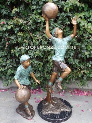 Dream Team bronze sculpture of two basketball brothers playing together for outdoor display