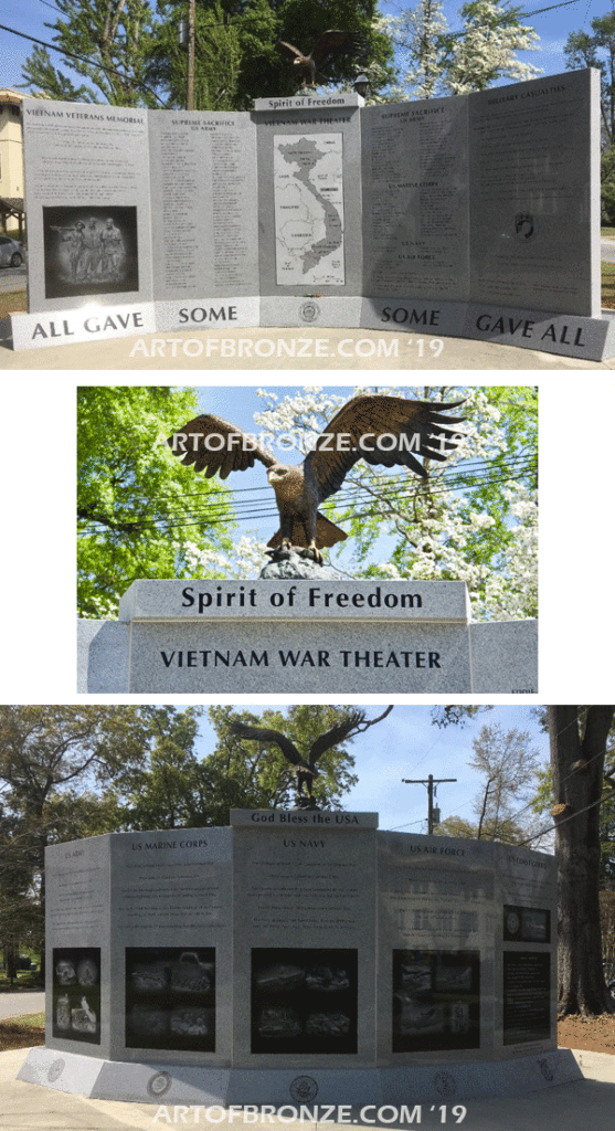 Eagle Veteran Memorial outdoor monumental statue of an eagle landing atop granite pillar