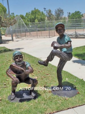 All Star Game bronze sculpture of two baseball players catching and pitching