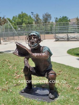 All Star Game Outdoor bronze baseball sculpture of young catcher in full gear waiting for pitch