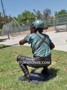 All Star Game Outdoor bronze baseball sculpture of young catcher in full gear waiting for pitch