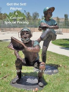 All Star Game bronze sculpture of two baseball players catching and pitching