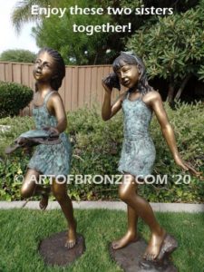 Captivating bronze fountain statue of girl standing listening to seashell